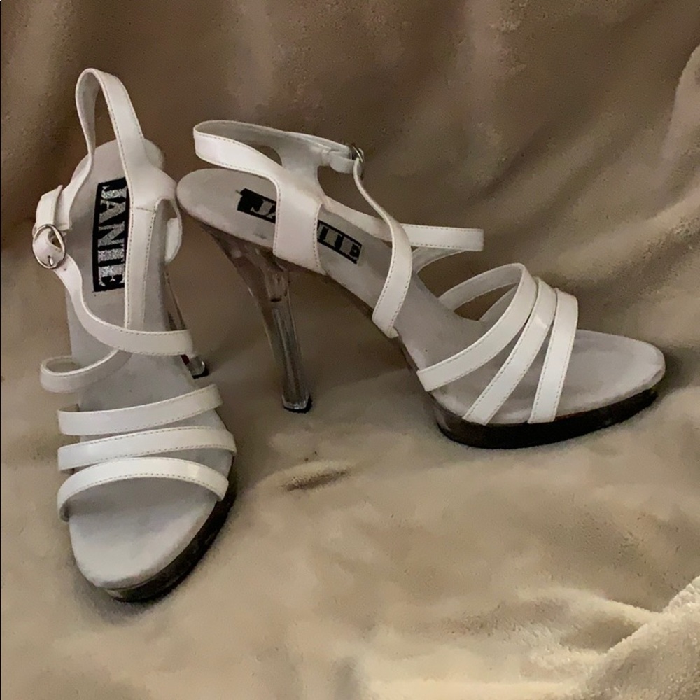 Used White dancer stripper stilettos clear heels 8